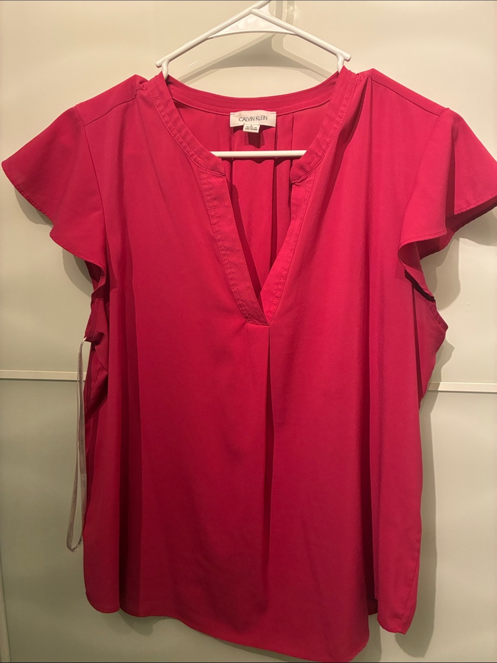 Calvin Klein Bright Pink Split V-Neck Flutter Sleeve Blouse